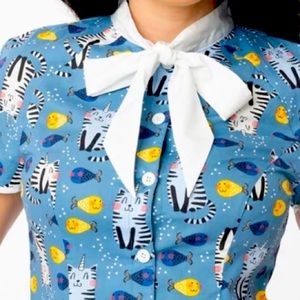 NWT Unique Vintage Unicorn Cat & Fish Print Chita Blouse Caticorns & bowtie 🐱🦄